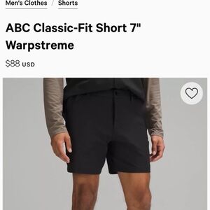 Lululemon men’s size 34, 7 inch inseam. ABC classic fit “Warpstream” short
